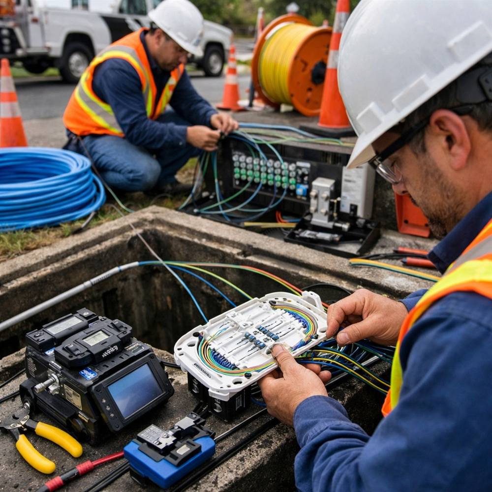 Technicians splicing fiber optic cable in an underground vault