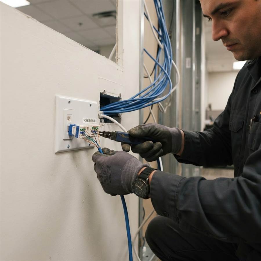 Technician terminating data cable into a wall jack