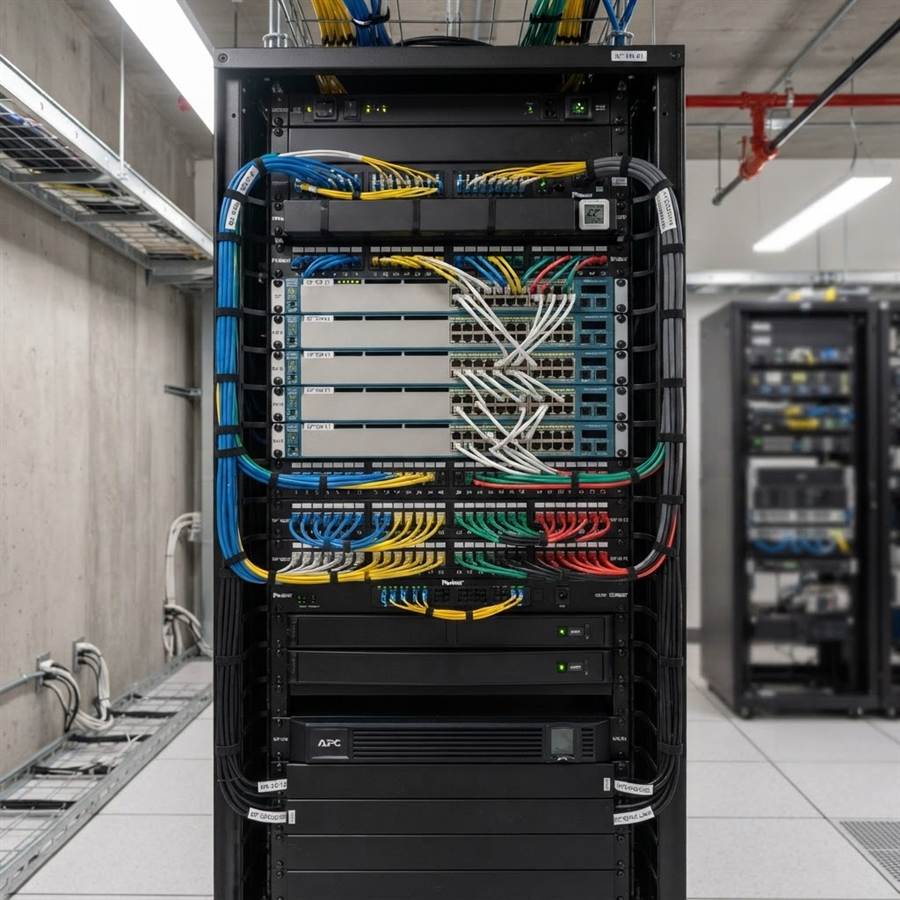Fully terminated equipment rack with color-coded patch cables