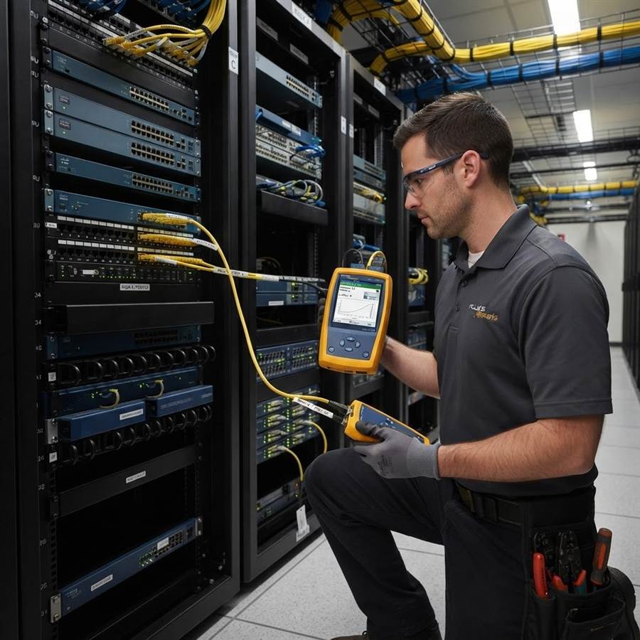 Technician certifying a cable run with a network tester