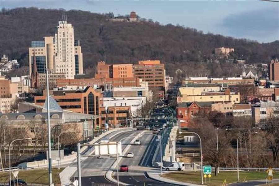 Downtown street view in Berks County, Pennsylvania with the Pagoda visible on the hill