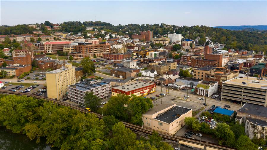 Aerial view of downtown Morgantown, West Virginia along the river