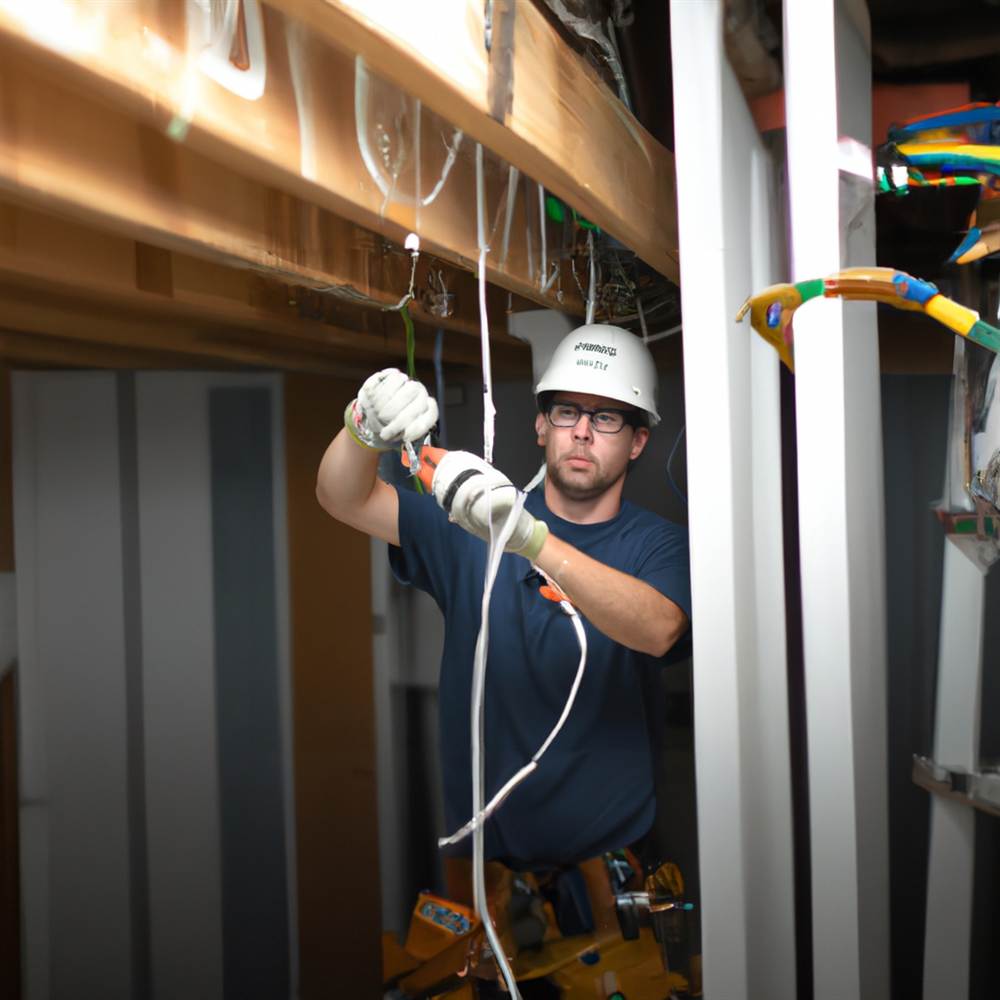 Technician installing structured cabling above a ceiling grid