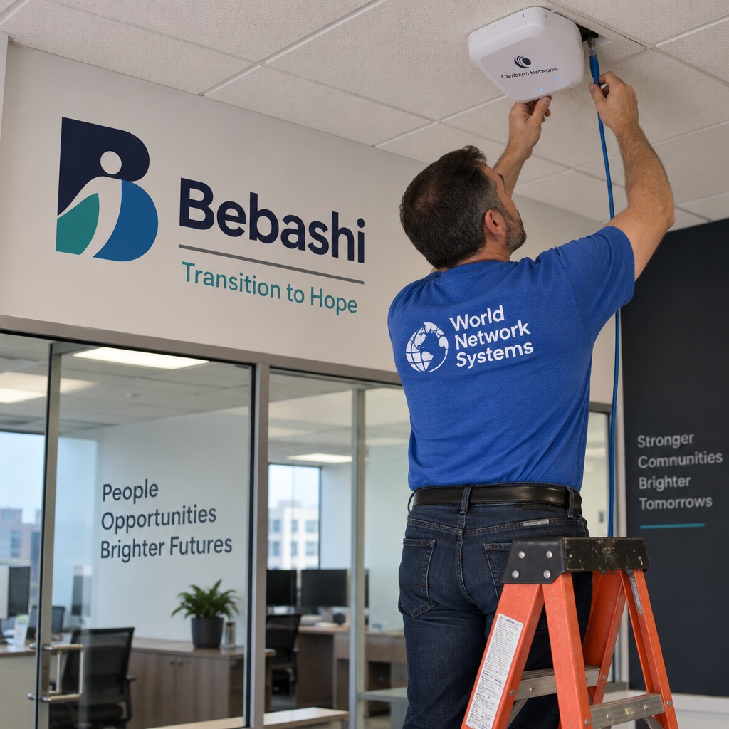 WNS technician installing a Wi-Fi access point at Bebashi's office