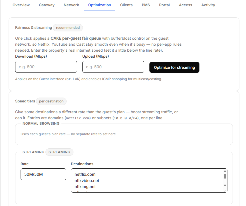 NetConcierge optimization screen with fair-queue streaming and per-destination speed tiers