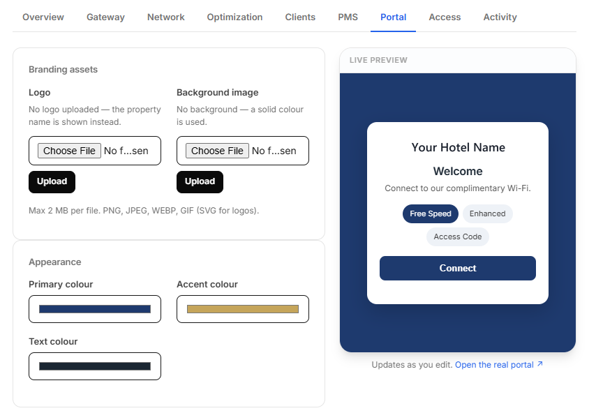 NetConcierge portal editor with a live preview of a hotel's branded guest Wi-Fi splash page